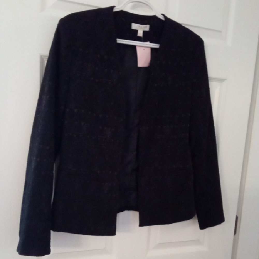 Kenar Women's Vintage Black Textured Geometric Print Collarless Blazer Small